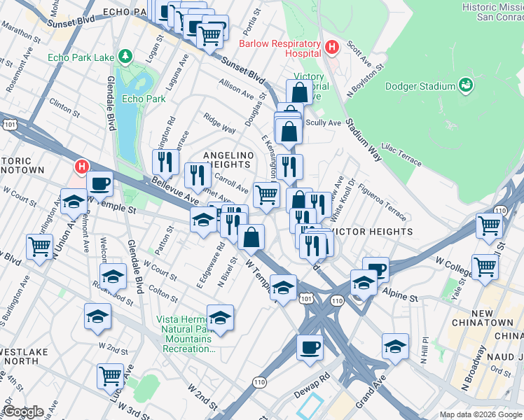 map of restaurants, bars, coffee shops, grocery stores, and more near 1257 Bellevue Avenue in Los Angeles