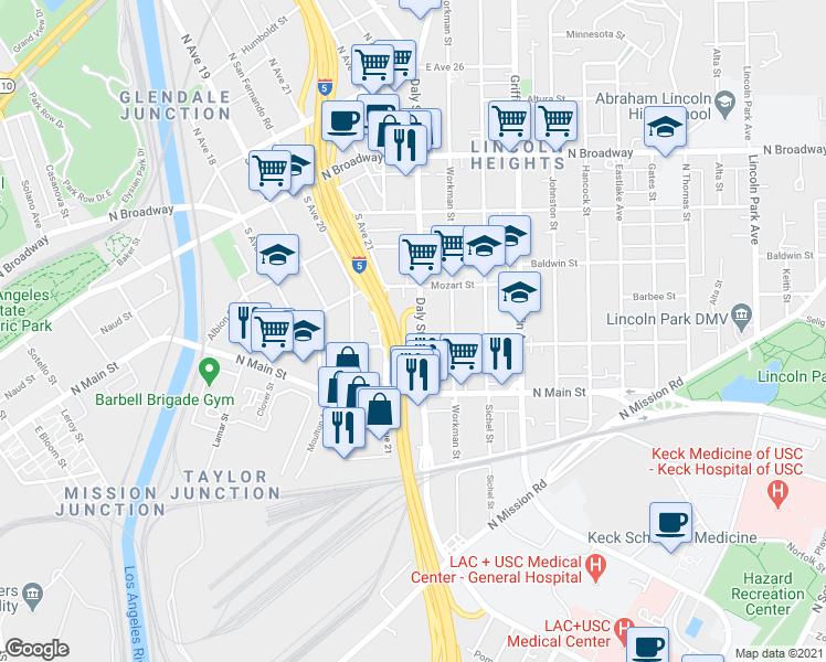 map of restaurants, bars, coffee shops, grocery stores, and more near 2011 Daly Street in Los Angeles