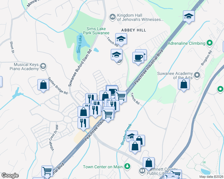 map of restaurants, bars, coffee shops, grocery stores, and more near 4162 Baverton Drive in Suwanee