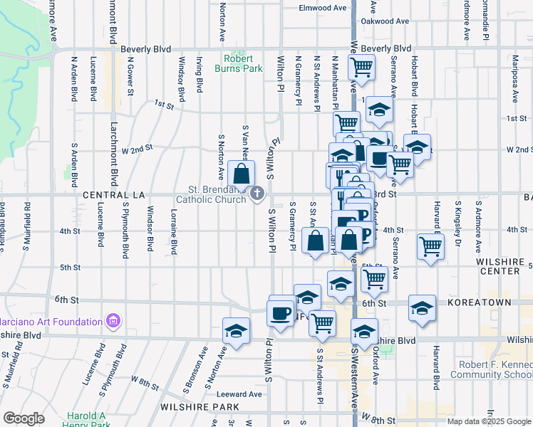map of restaurants, bars, coffee shops, grocery stores, and more near 333 South Wilton Place in Los Angeles