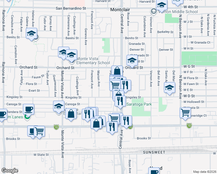 map of restaurants, bars, coffee shops, grocery stores, and more near 10230 Poulsen Avenue in Montclair