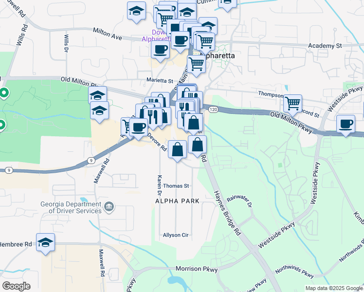 map of restaurants, bars, coffee shops, grocery stores, and more near 11770 Haynes Bridge Road in Alpharetta