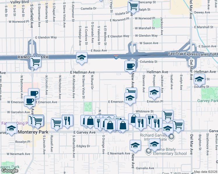 map of restaurants, bars, coffee shops, grocery stores, and more near 516 Gladys Avenue in Monterey Park