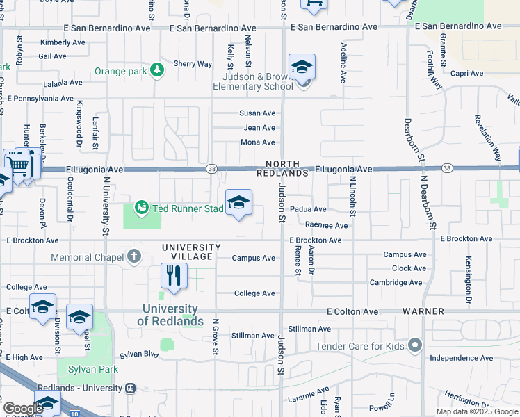 map of restaurants, bars, coffee shops, grocery stores, and more near 1169 Emily Street in Redlands