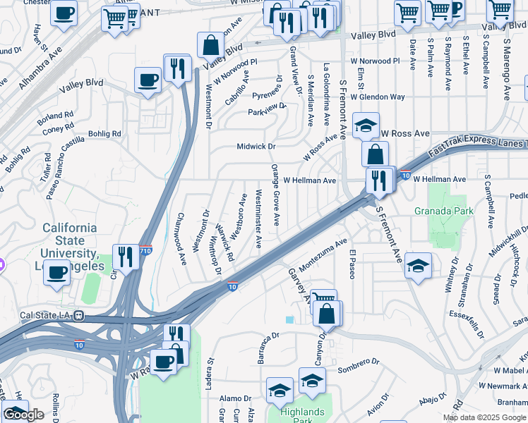 map of restaurants, bars, coffee shops, grocery stores, and more near 2200 Westminster Avenue in Alhambra