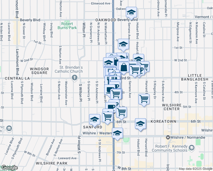 map of restaurants, bars, coffee shops, grocery stores, and more near 326 South Manhattan Place in Los Angeles