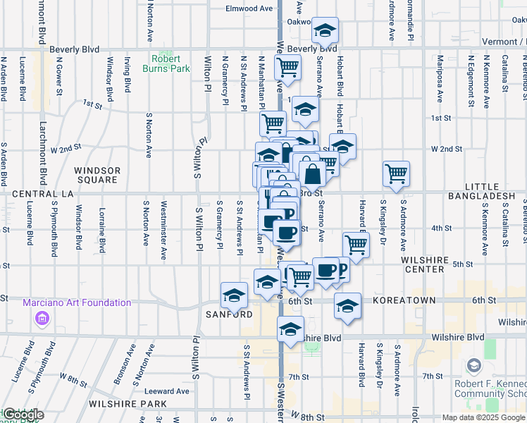 map of restaurants, bars, coffee shops, grocery stores, and more near 326 South Manhattan Place in Los Angeles