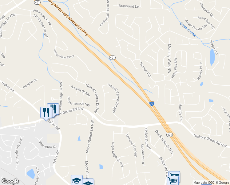 map of restaurants, bars, coffee shops, grocery stores, and more near 4554 Howell Farms Road Northwest in Acworth