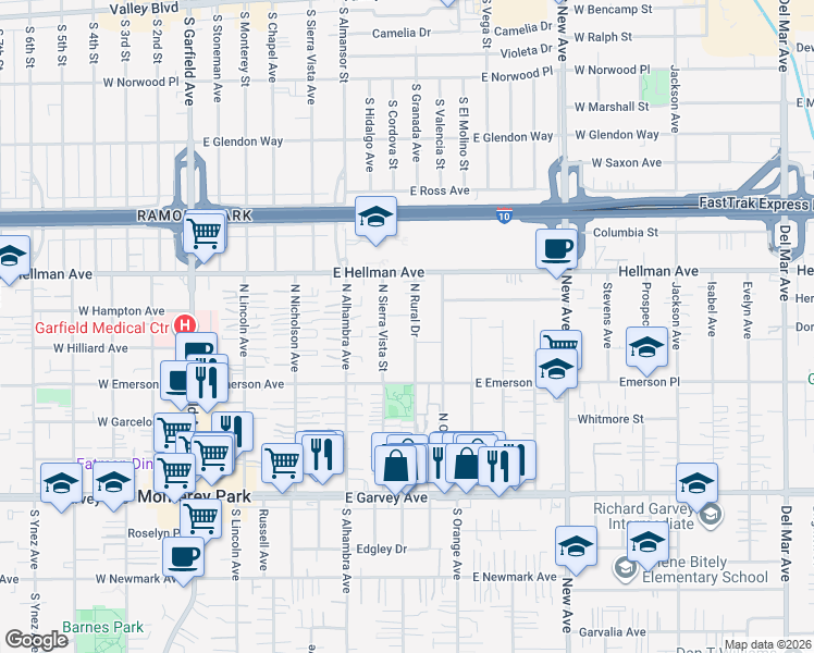 map of restaurants, bars, coffee shops, grocery stores, and more near 517 North Rural Drive in Monterey Park