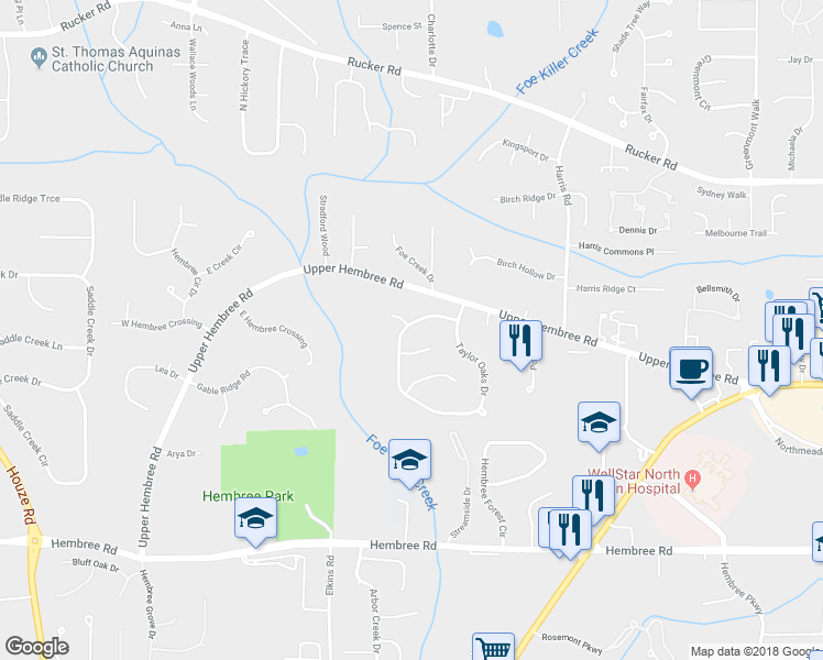 map of restaurants, bars, coffee shops, grocery stores, and more near 1305 Taylor Oaks Drive in Roswell