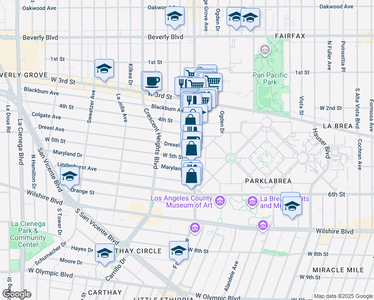 map of restaurants, bars, coffee shops, grocery stores, and more near 6214 Drexel Avenue in Los Angeles