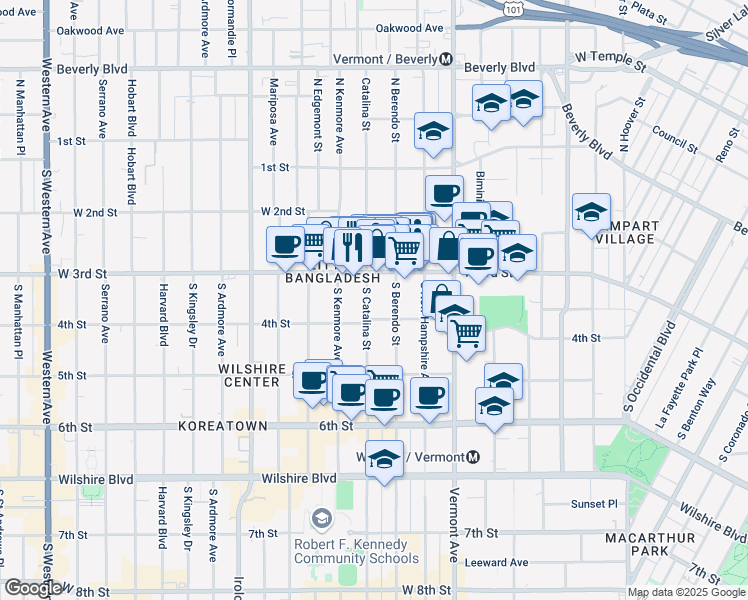 map of restaurants, bars, coffee shops, grocery stores, and more near 334 South Catalina Street in Los Angeles