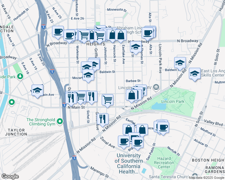 map of restaurants, bars, coffee shops, grocery stores, and more near 2013 1/2 Hancock Street in Los Angeles