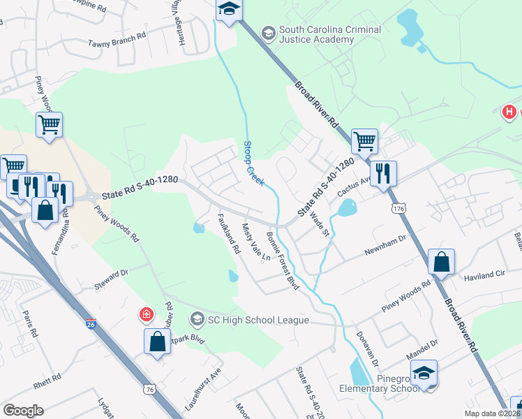 map of restaurants, bars, coffee shops, grocery stores, and more near 180 Springhaven Drive in Columbia