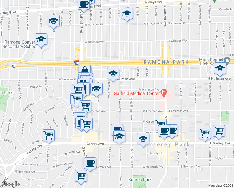 map of restaurants, bars, coffee shops, grocery stores, and more near 523 North Ynez Avenue in Monterey Park