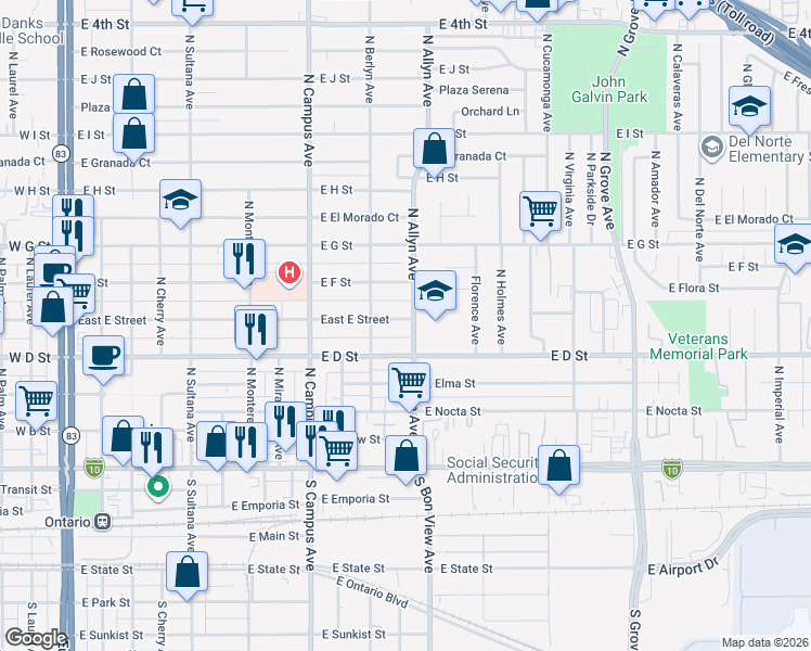 map of restaurants, bars, coffee shops, grocery stores, and more near 840 East E Street in Ontario