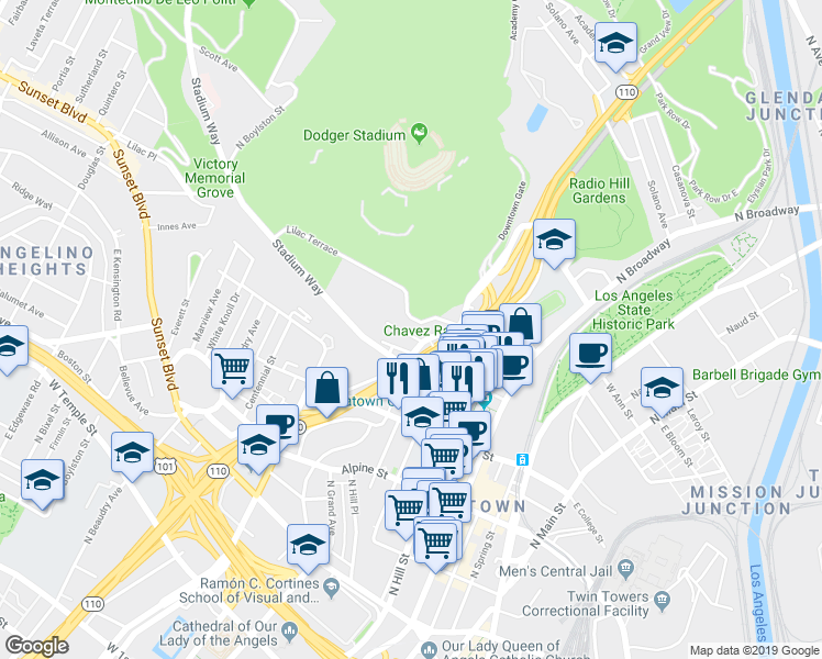 map of restaurants, bars, coffee shops, grocery stores, and more near 711 Bernard Street in Los Angeles