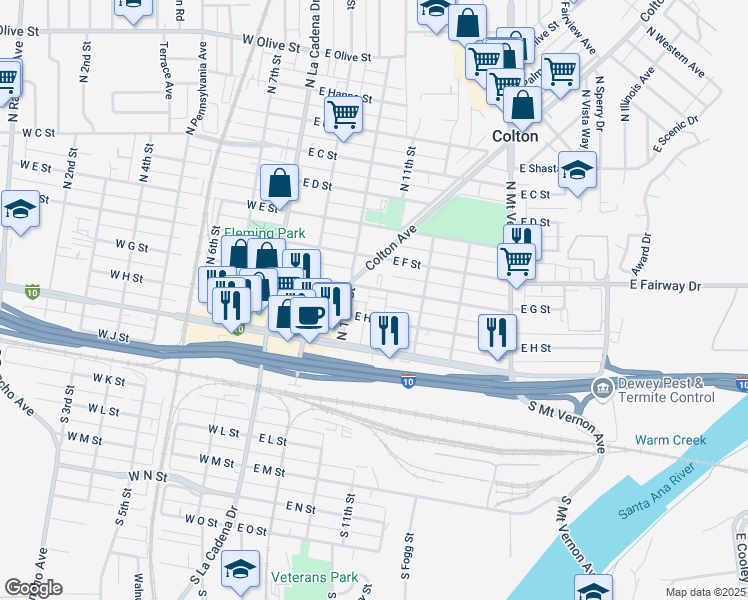 map of restaurants, bars, coffee shops, grocery stores, and more near 404 Garden Way in Colton