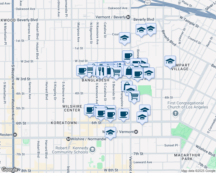 map of restaurants, bars, coffee shops, grocery stores, and more near 334 South Catalina Street in Los Angeles