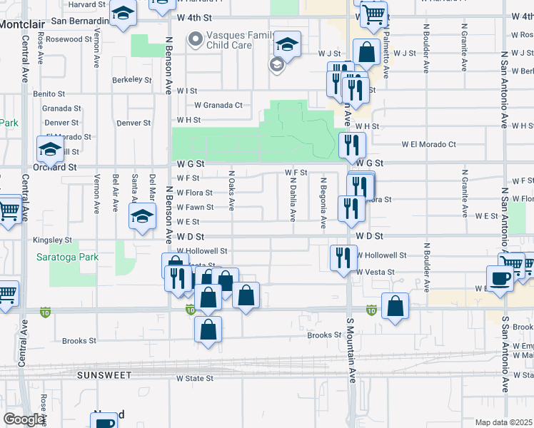 map of restaurants, bars, coffee shops, grocery stores, and more near 438 North Fuchsia Avenue in Ontario