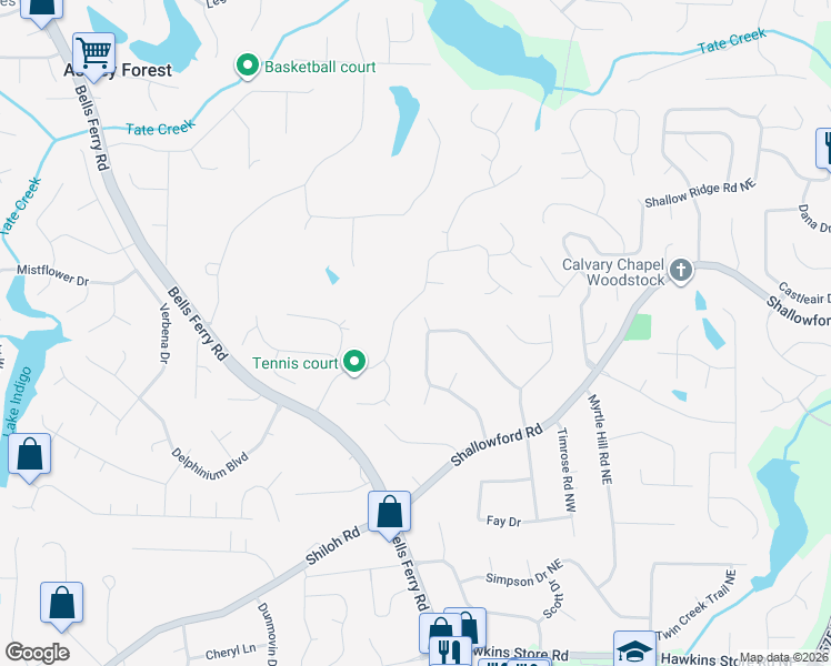 map of restaurants, bars, coffee shops, grocery stores, and more near 4722 North Springs Road Northwest in Kennesaw