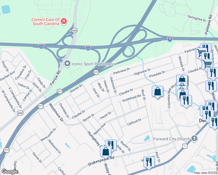 map of restaurants, bars, coffee shops, grocery stores, and more near 3906 Hearn Drive in Columbia