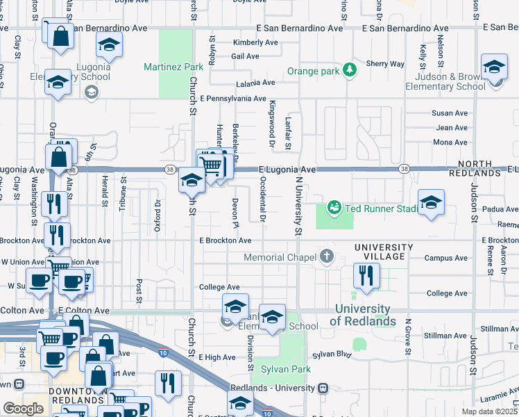 map of restaurants, bars, coffee shops, grocery stores, and more near 1221 Occidental Drive in Redlands