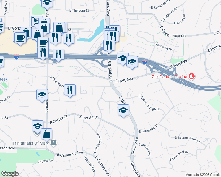 map of restaurants, bars, coffee shops, grocery stores, and more near 211 South Grand Avenue in West Covina