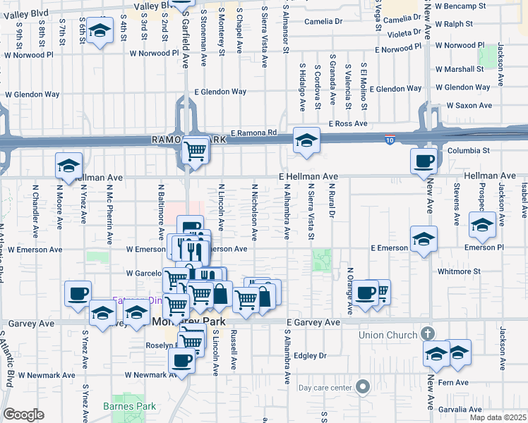 map of restaurants, bars, coffee shops, grocery stores, and more near 521 North Nicholson Avenue in Monterey Park