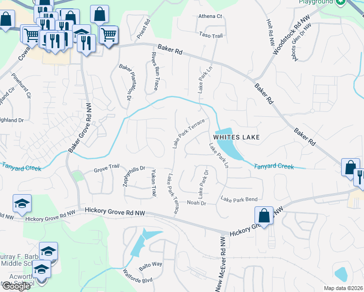 map of restaurants, bars, coffee shops, grocery stores, and more near 3019 Lake Park Trail in Acworth