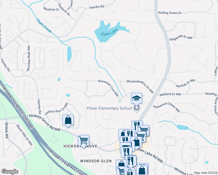 map of restaurants, bars, coffee shops, grocery stores, and more near 4751 Boxwood Lane Northwest in Acworth