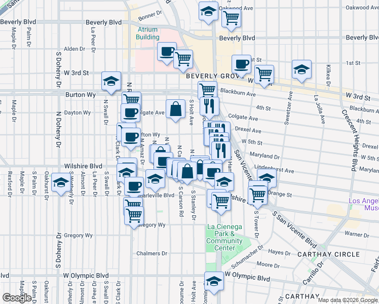 map of restaurants, bars, coffee shops, grocery stores, and more near 149 North Stanley Drive in Beverly Hills