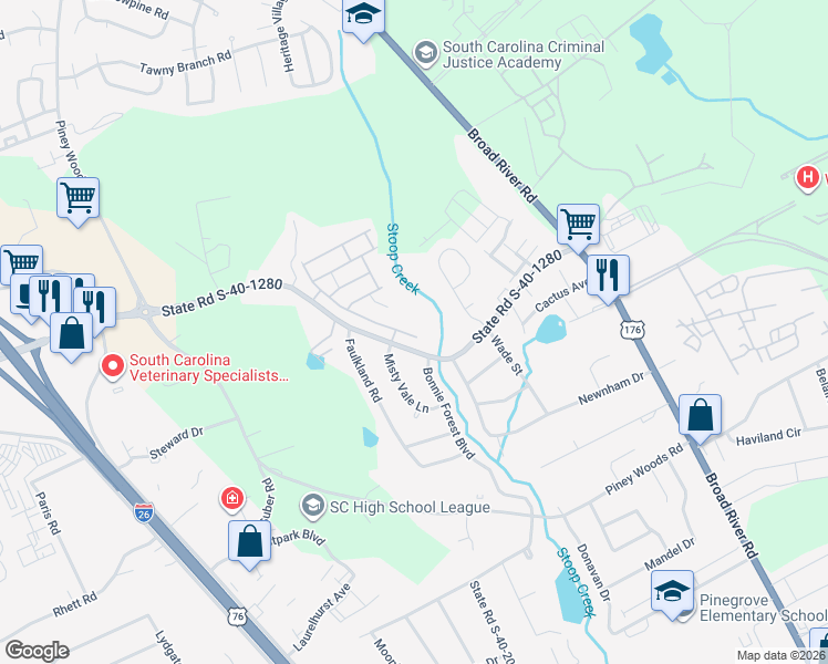 map of restaurants, bars, coffee shops, grocery stores, and more near 180 Springhaven Drive in Columbia