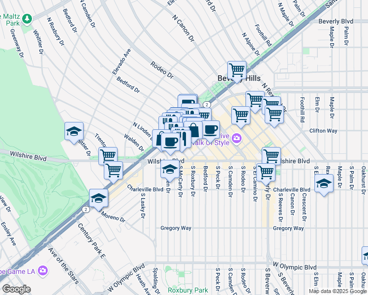 map of restaurants, bars, coffee shops, grocery stores, and more near 441 North Roxbury Drive in Beverly Hills