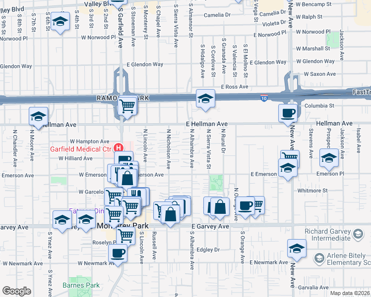 map of restaurants, bars, coffee shops, grocery stores, and more near 521 North Alhambra Avenue in Monterey Park