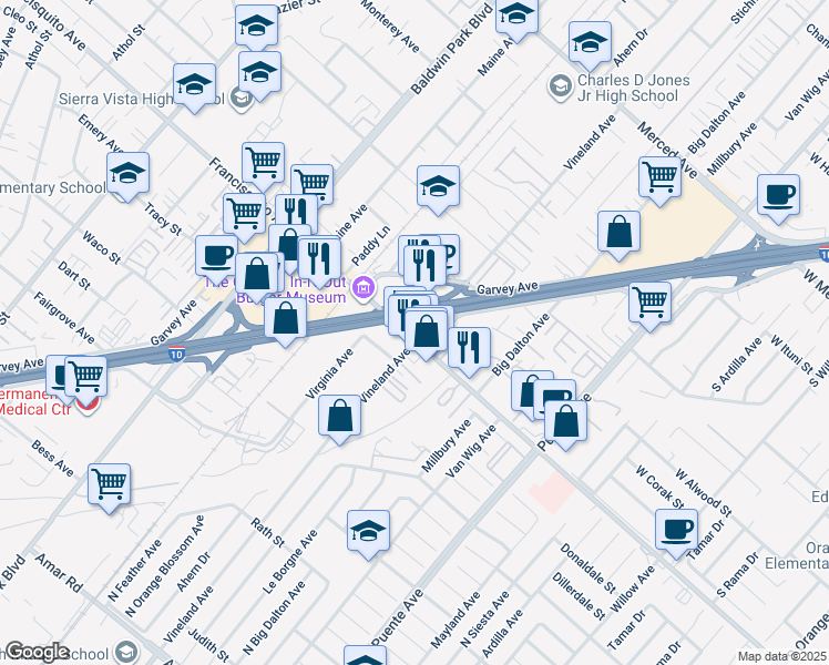 map of restaurants, bars, coffee shops, grocery stores, and more near in Baldwin Park