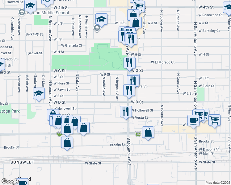 map of restaurants, bars, coffee shops, grocery stores, and more near 437 North Begonia Avenue in Ontario