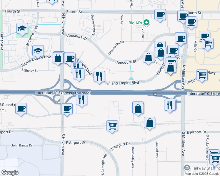 map of restaurants, bars, coffee shops, grocery stores, and more near 3990 Inland Empire Boulevard in Ontario