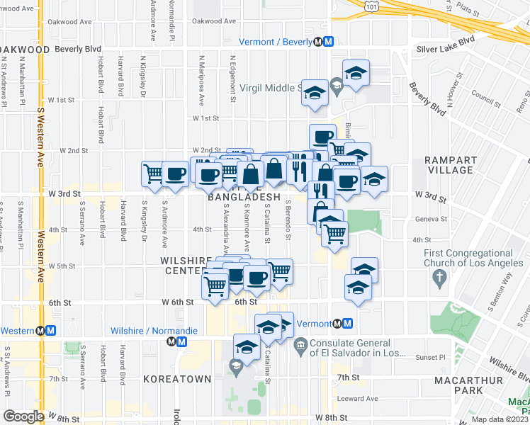 map of restaurants, bars, coffee shops, grocery stores, and more near 330 South Kenmore Avenue in Los Angeles