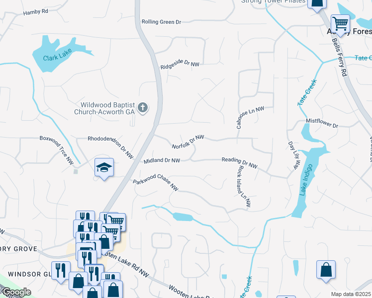 map of restaurants, bars, coffee shops, grocery stores, and more near 1181 Norfolk Drive Northwest in Acworth