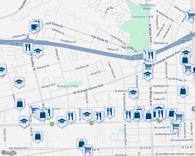 map of restaurants, bars, coffee shops, grocery stores, and more near 957 Ashport Street in Pomona