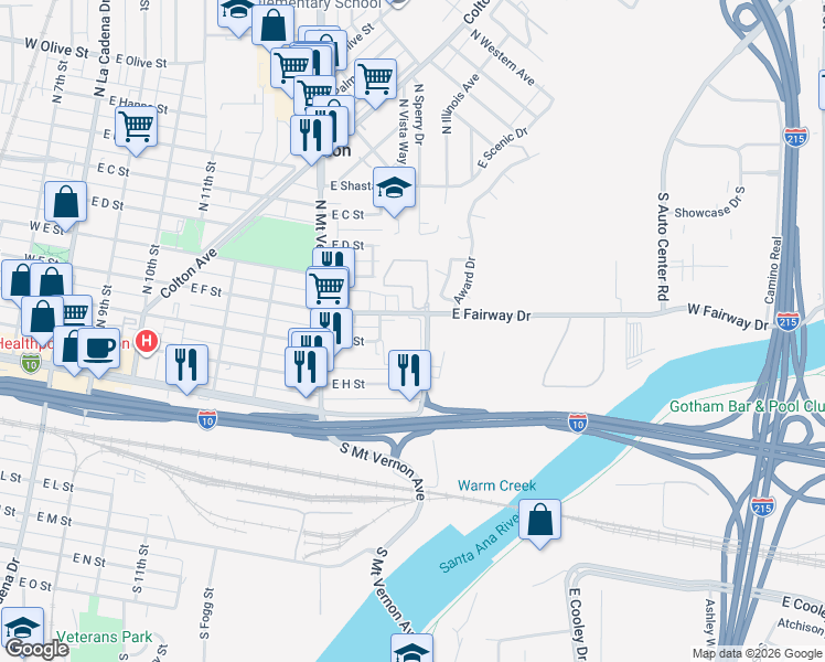 map of restaurants, bars, coffee shops, grocery stores, and more near 936 Fairway Avenue in Colton