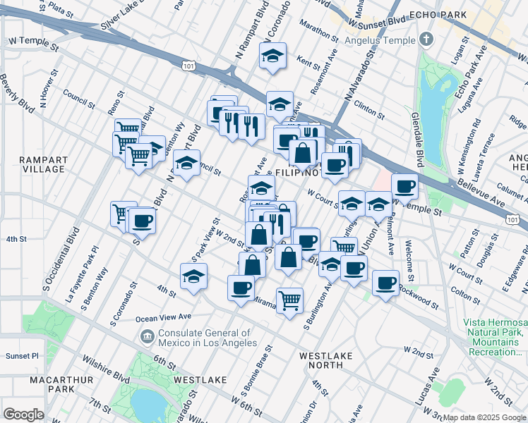 map of restaurants, bars, coffee shops, grocery stores, and more near 135 North Lake Street in Los Angeles