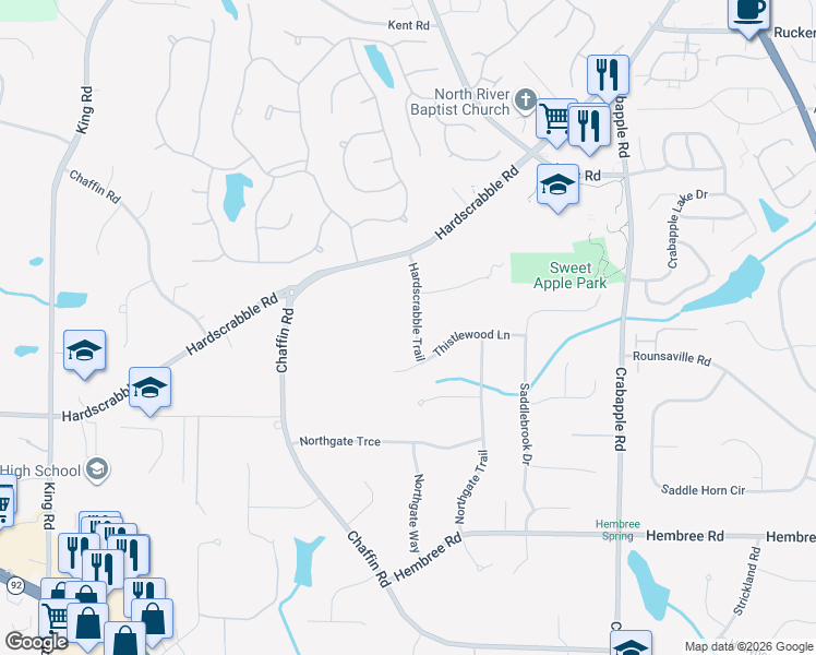 map of restaurants, bars, coffee shops, grocery stores, and more near 11815 Hardscrabble Trail in Roswell