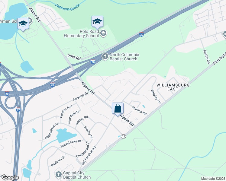map of restaurants, bars, coffee shops, grocery stores, and more near 216 Cambridge Lane Road in Columbia