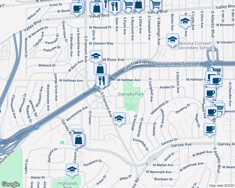 map of restaurants, bars, coffee shops, grocery stores, and more near 2117 Montezuma Avenue in Alhambra