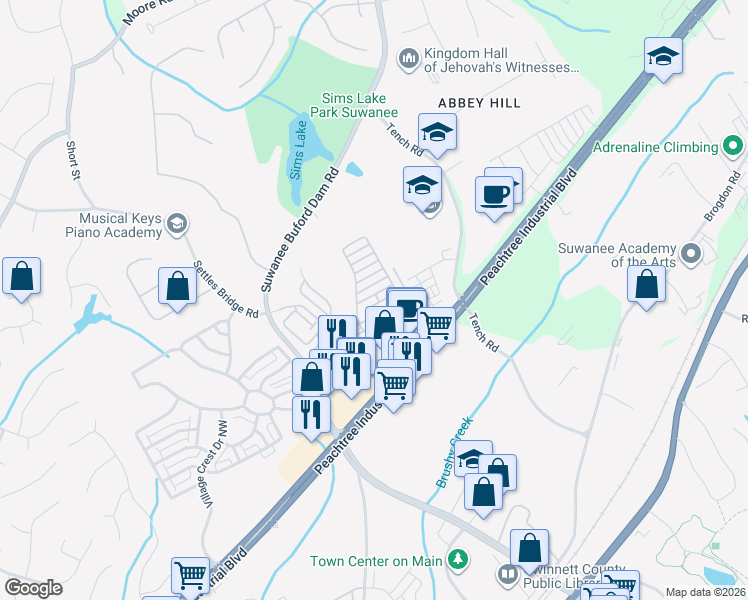 map of restaurants, bars, coffee shops, grocery stores, and more near 322 Barbados Lane in Suwanee