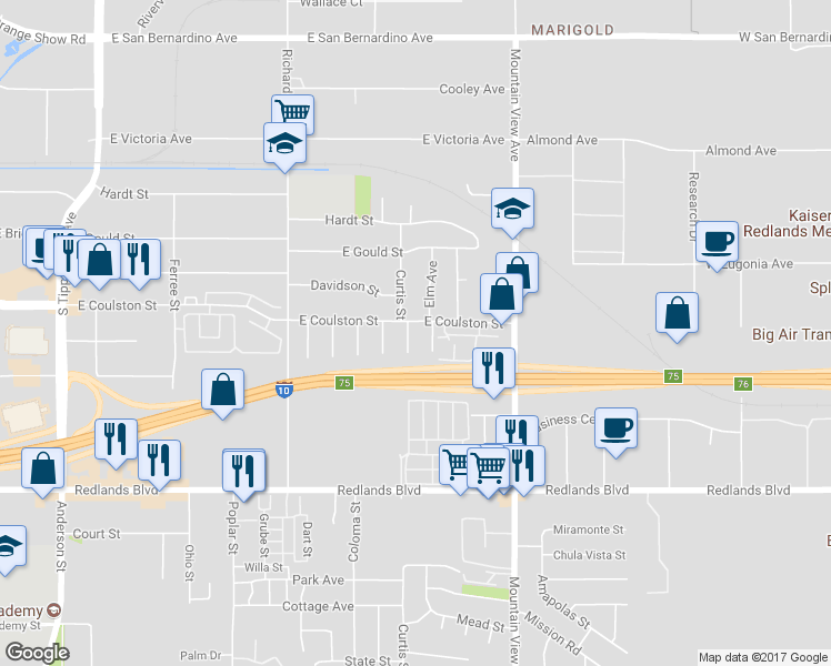 map of restaurants, bars, coffee shops, grocery stores, and more near 1841 Curtis Street in Loma Linda