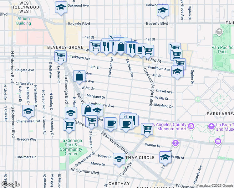 map of restaurants, bars, coffee shops, grocery stores, and more near 6450 West 5th Street in Los Angeles