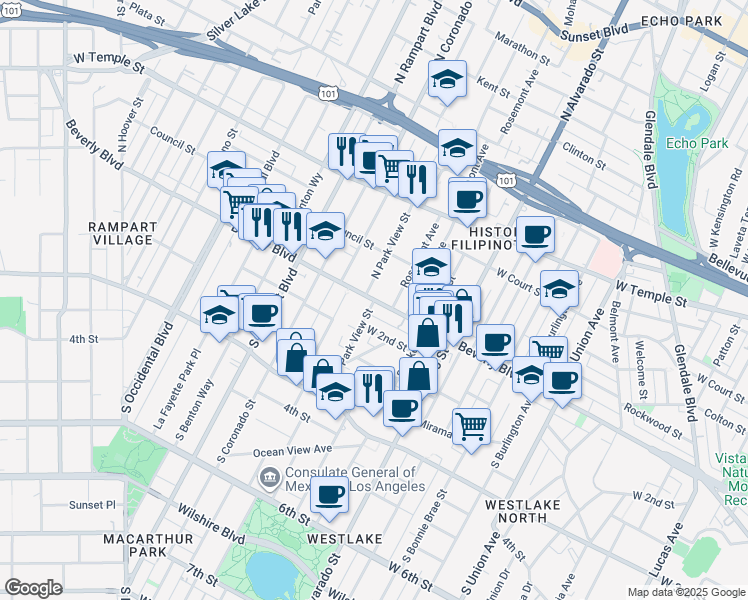 map of restaurants, bars, coffee shops, grocery stores, and more near 2 South Park View Street in Los Angeles